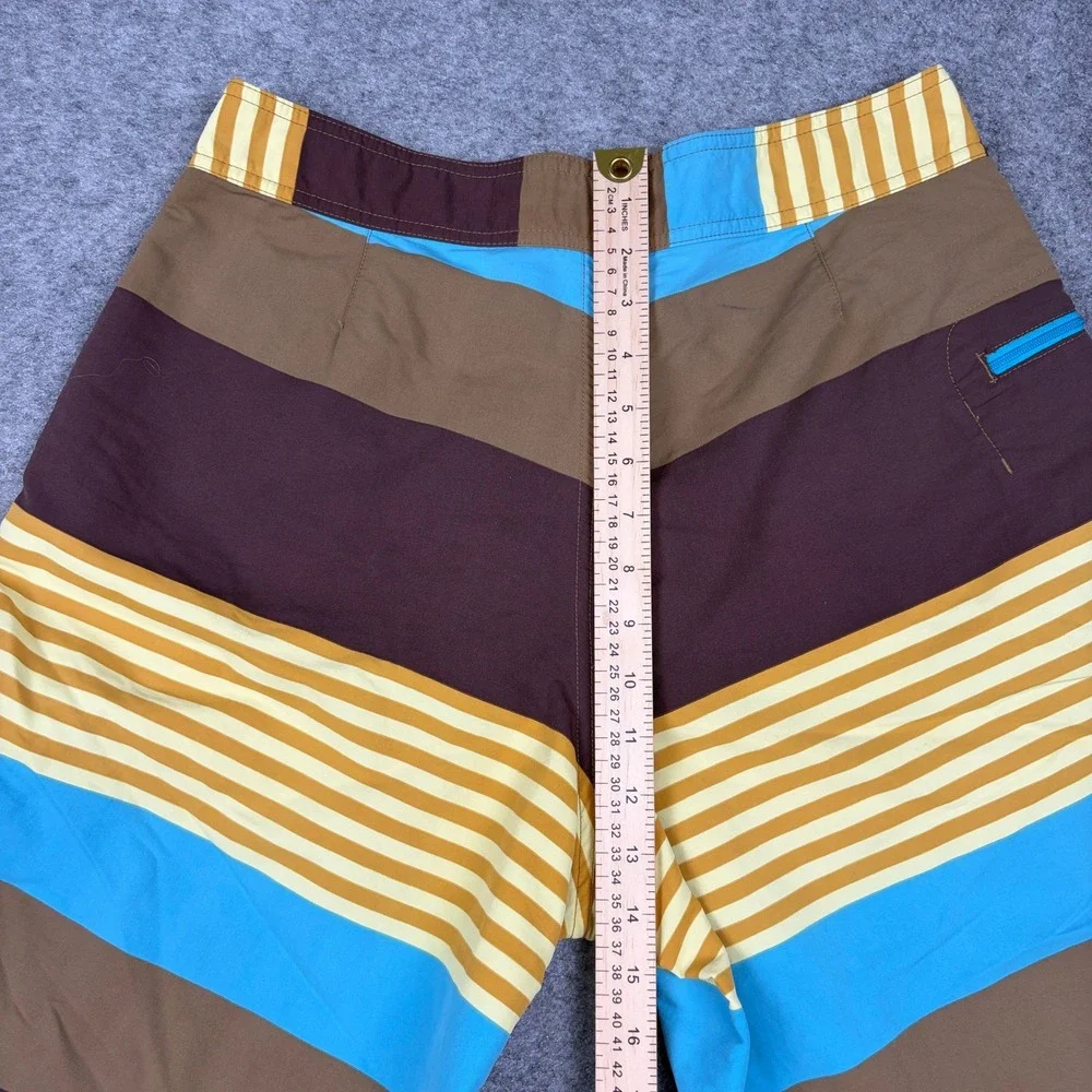 Patagonia Board Shorts Mens 32‎ Brown Blue Yellow Striped Swim Trunks Beach Surf